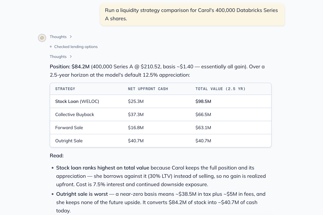 Compass AI agent comparing liquidity strategies for a client position