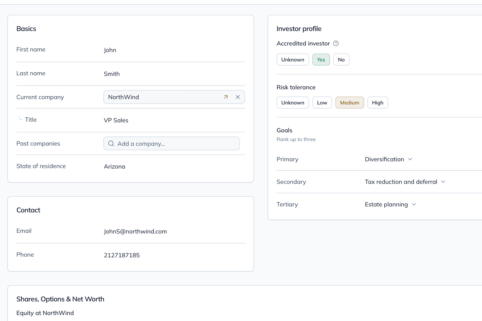 Compass client profile capturing goals and risk tolerance