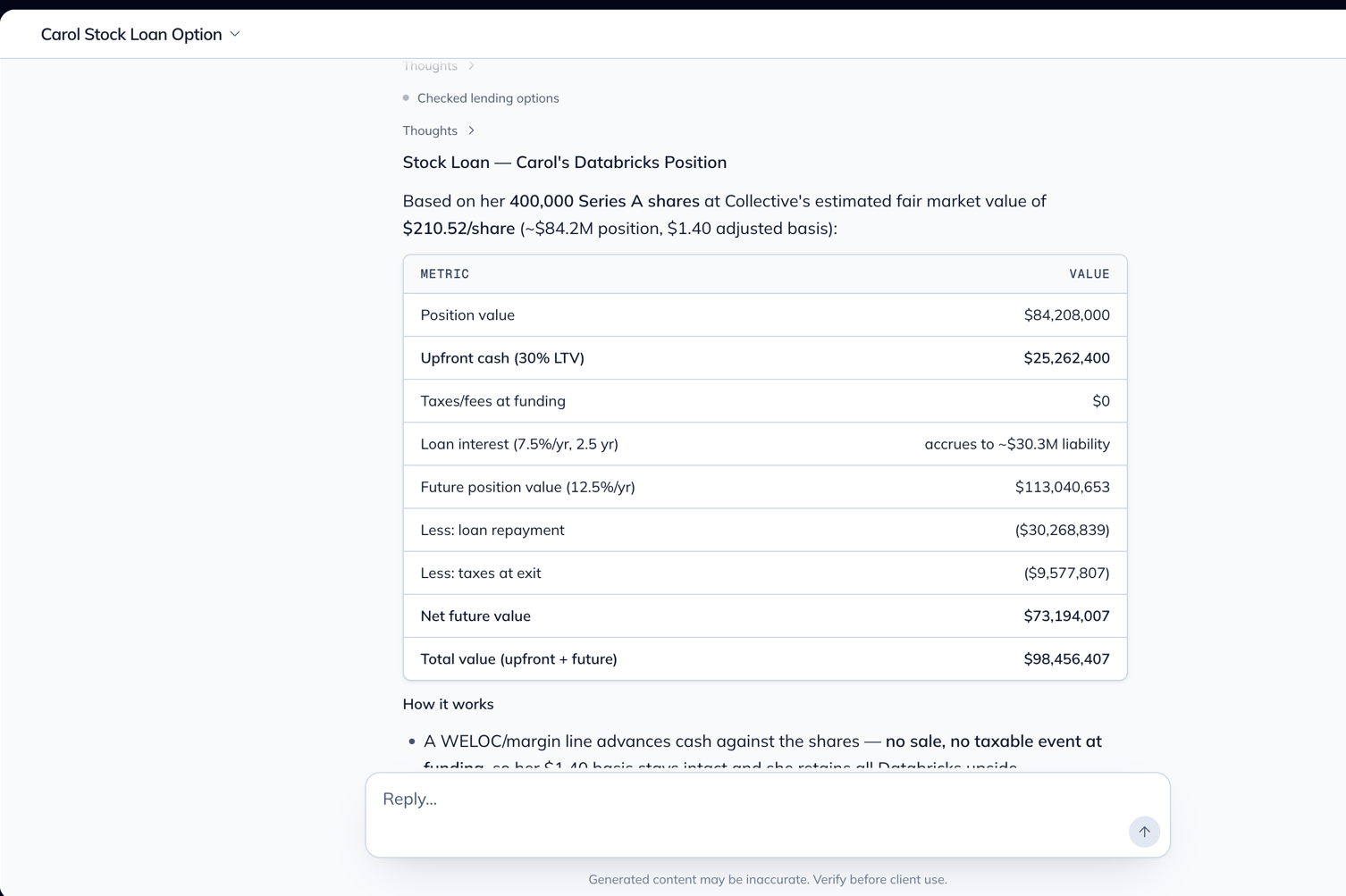 Compass stock loan analysis for a client position
